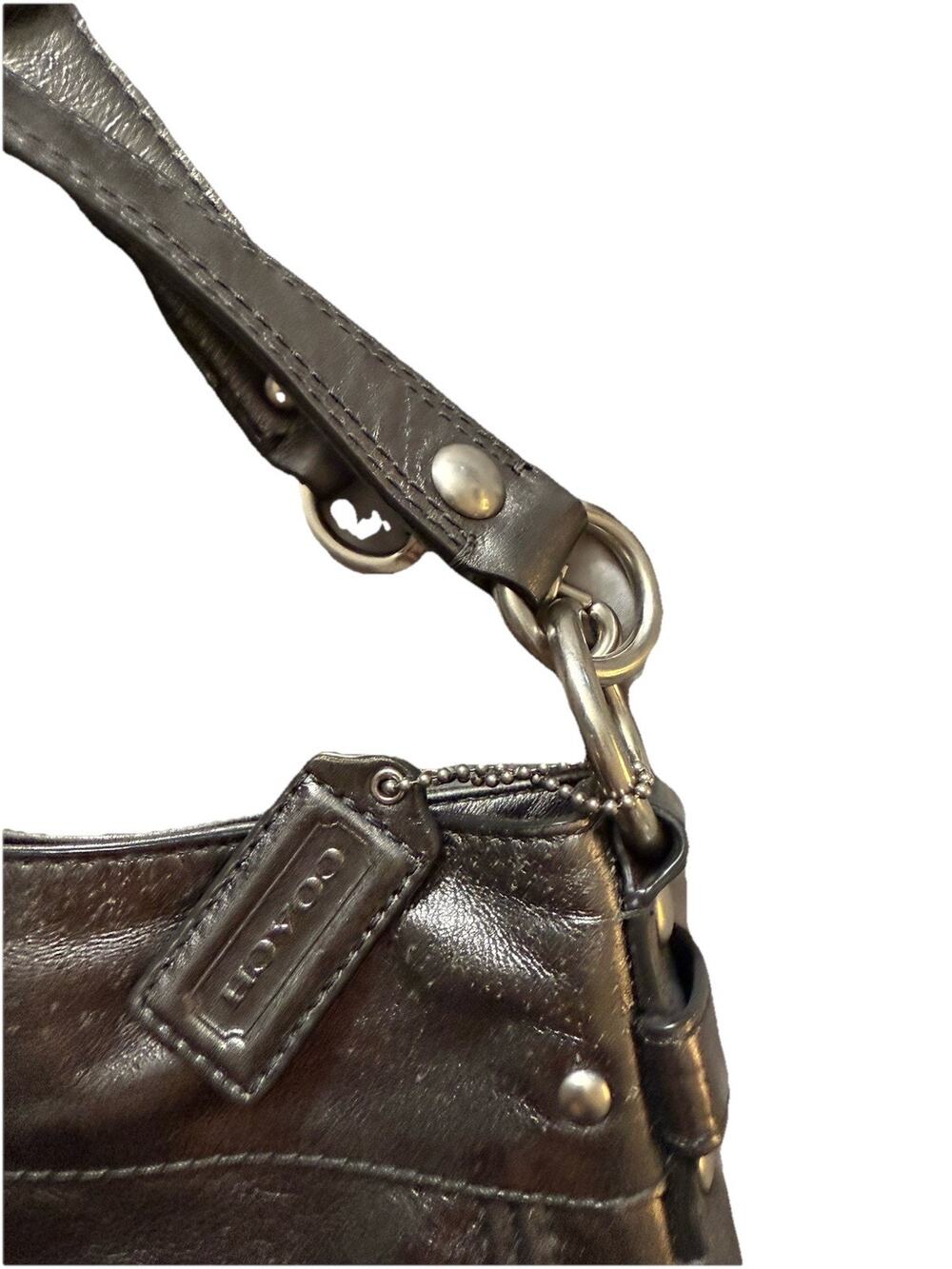 COACH ZOE LEATHER HAND SHOULDER BAG PURSE METALLIC SILVER GRAY DBL STRAP F14707